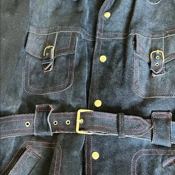 Men’s Vintage 1970s Navy Suede Belted Jacket, L - Picture 2 of 10